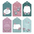 Set of six Christmas tags collection with mittens and snowflakes. Royalty Free Stock Photo